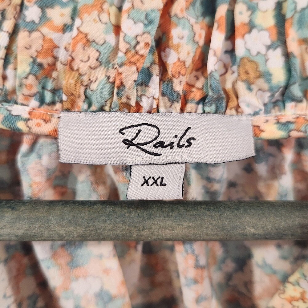 Rails XXL Womens Ditsy Floral Tie Neck Blouse Peach Green Cotton Balloon Sleeve - Picture 2 of 9